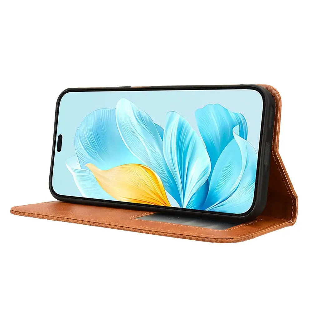 Ruskea lite lompakko suojakotelo kukkakuosisella näytöllä