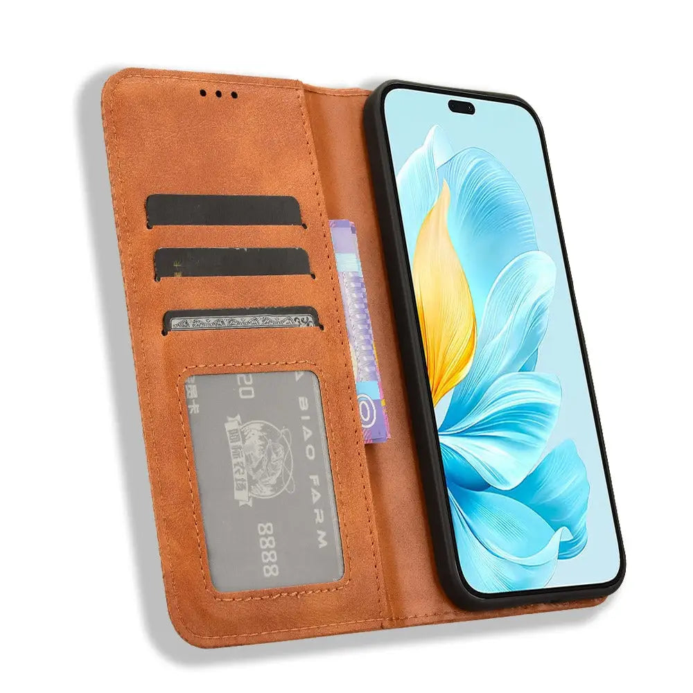 Ruskea lompakko suojakotelo Honor 200 Lite, jossa korttipaikkoja ja kukallinen näytönkuva