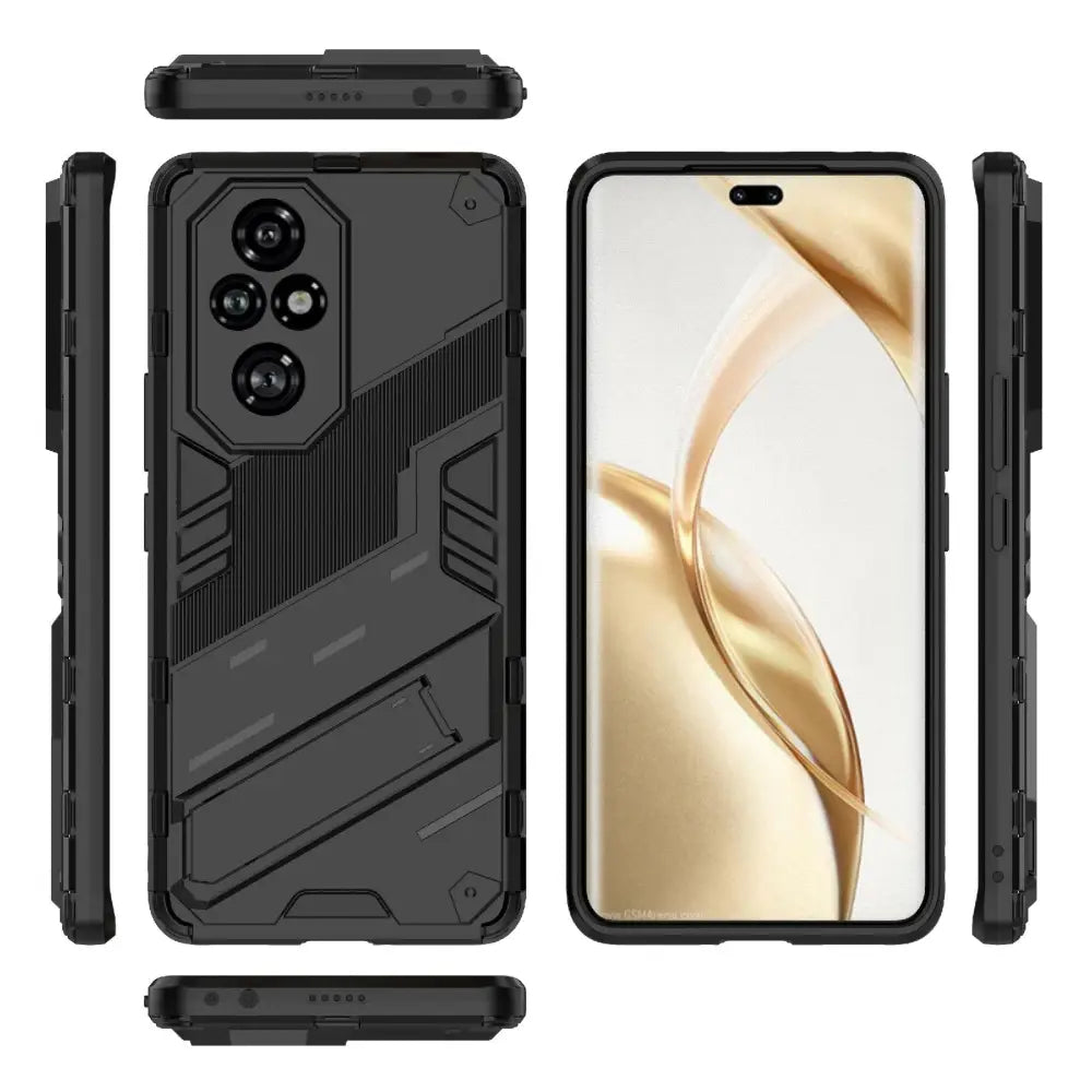 Mustan Honor 200 Pro Armor Suojakotelo, jossa on taitettava jalusta ja geometrinen kuvio