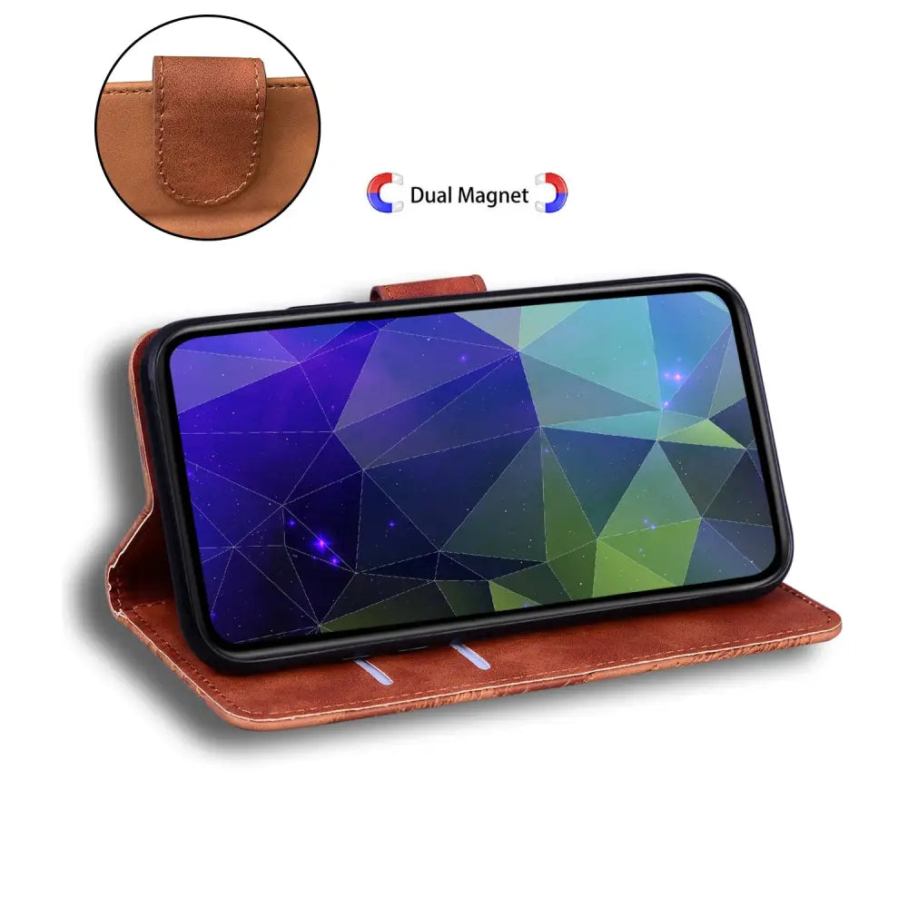 Ruskea lompakko suojakotelo Honor 200 Pro, magneettikiinnitys ja geometreetti kuvio