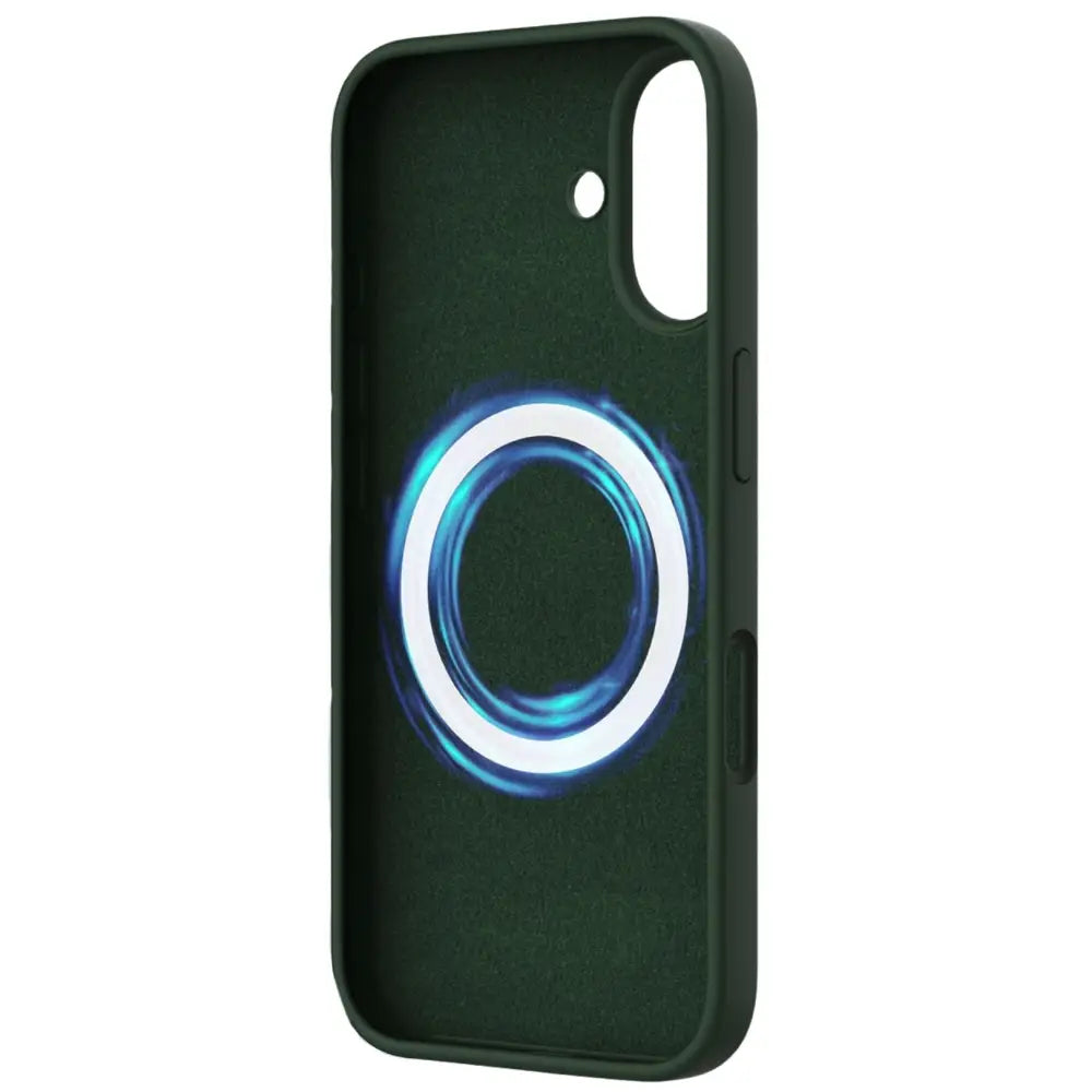 Tumma vihreä MagSafe suojakuori, jossa sininen säihkeä ympyräkuvio