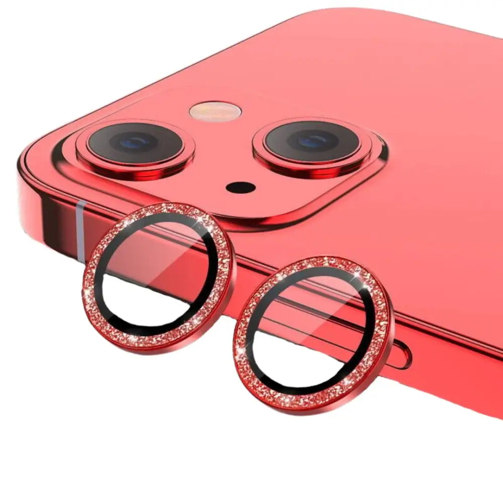 Punainen kameran linssin suojarengas, jossa on rhinestone-koristuksia