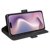 Mustan lompakko suojakotelo iPhone 16 Plus puhelimelle, flip cover design