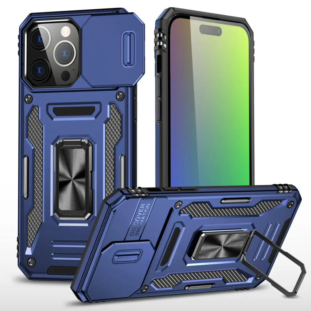 Navy blue iPhone 16 Pro Max Armor suojakuori with kickstand and rugged design