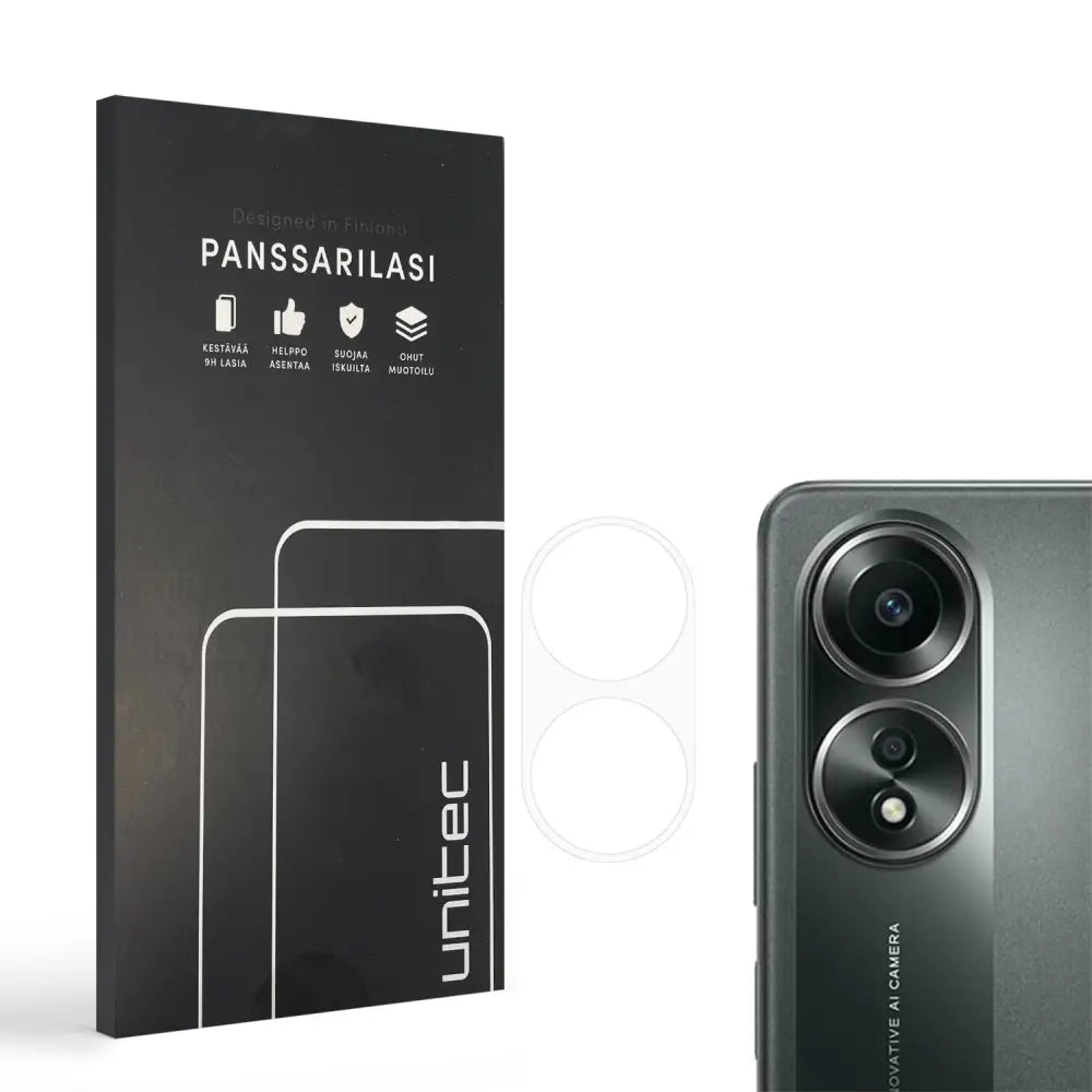 Oppo A18 ja A38 panssarilasi takakameralle pakkaus älypuhelimen vieressä