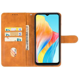 Ruskea läpällinen A38 lompakko suojakotelo Oppo A18:lla, korttipaikoilla ja värikkäällä näytöll