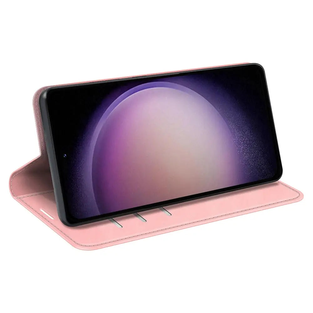 Vaaleanpunainen folio-ohutkuori, jossa Samsung Galaxy S23 näyttö ja purppurakuvio