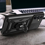 Musta suojakuori Samsung Galaxy S24 FE 5G, geometrinen muotoilu ja rengasholderi