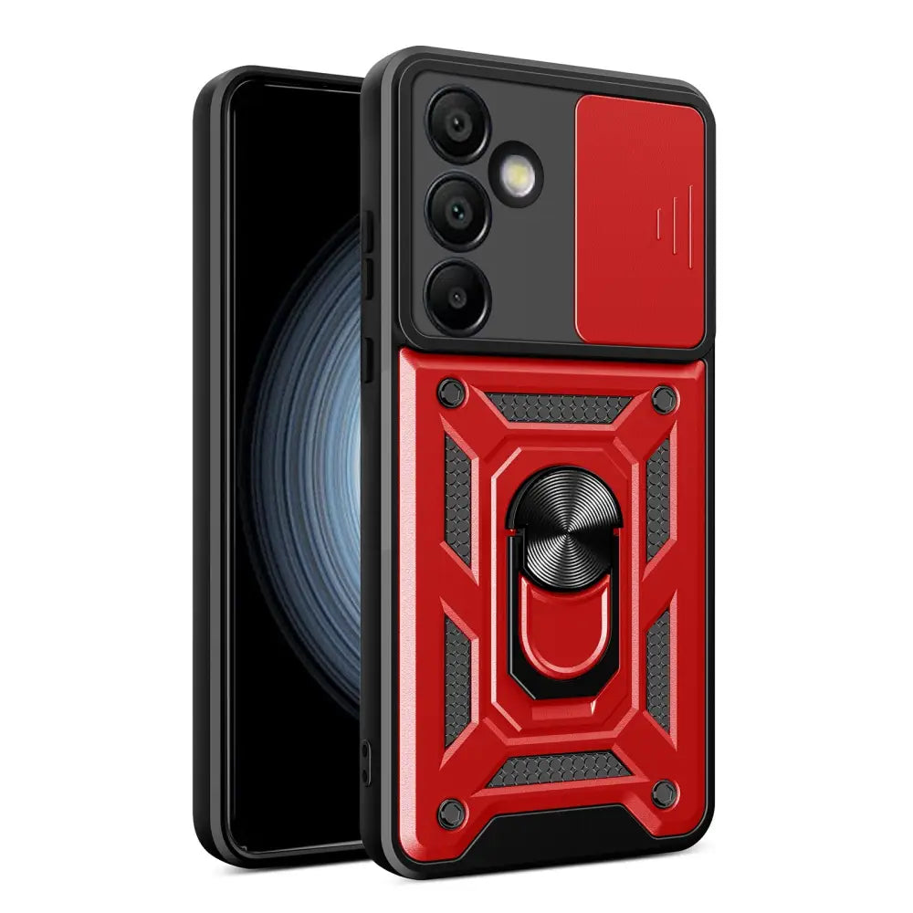Punainen ja musta suojakuori Samsung Galaxy S24 FE 5G:ssä renkaalla ja geometrisella kuviolla