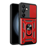 Punainen ja musta suojakuori Samsung Galaxy S24 FE 5G:ssä renkaalla ja geometrisella kuviolla