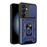 Sininen ja musta Samsung Galaxy S24 FE 5G suojakuori rengasholdereilla ja geometristä muotoilua