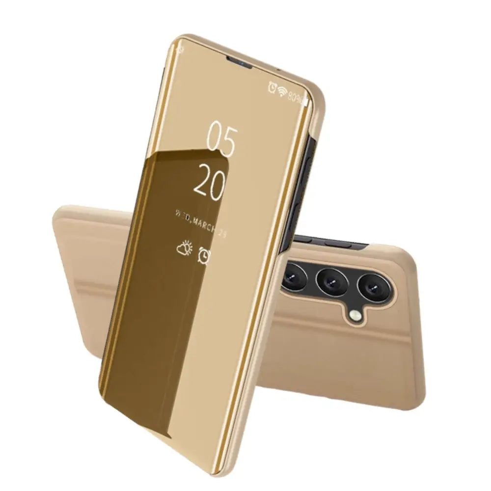 Kultainen Samsung Galaxy S24 FE 5G Flip suojakuori peilioppivalla näytöllä