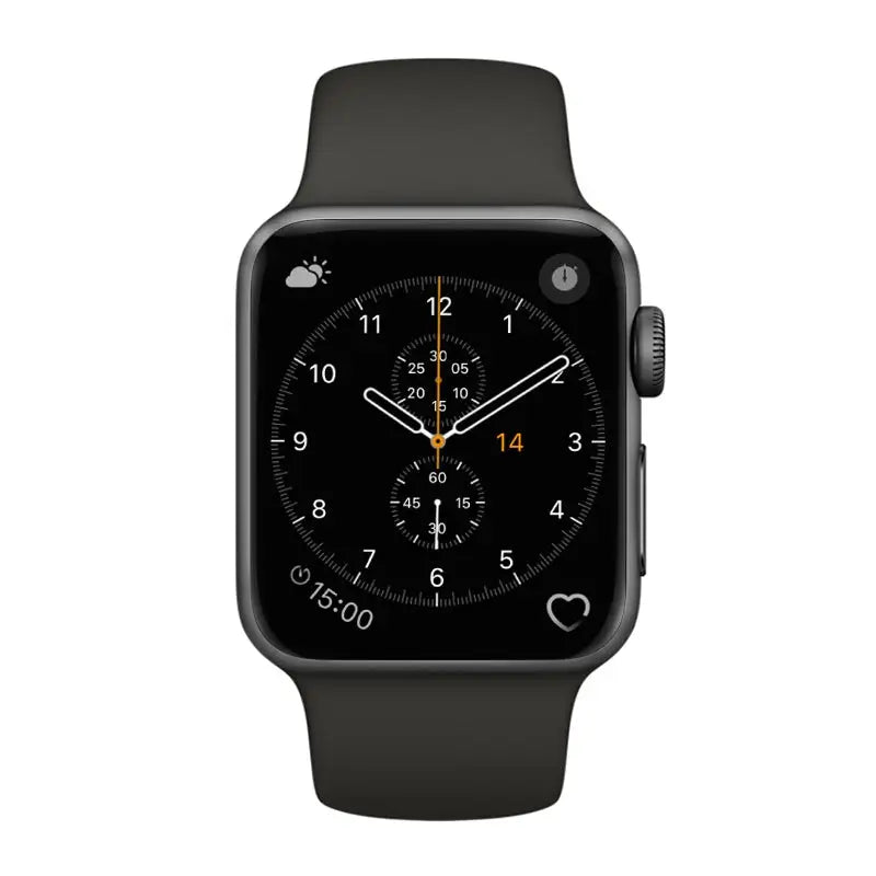 Musta Apple Watch tumman harmaan silikonirannekkeen kanssa, analoginen kellotaulu