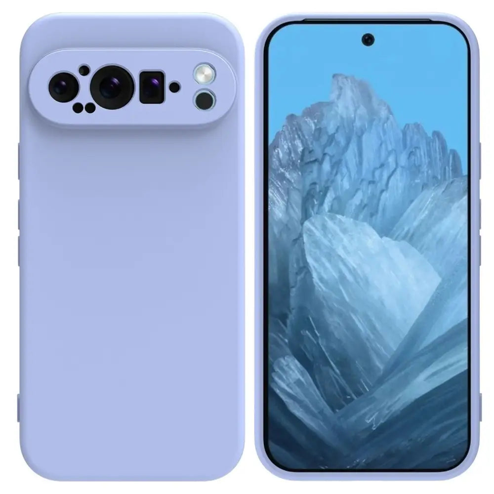 Vaaleanvioletti Google Pixel 9 Pro XL Silikonikuori monikamerakohtaus lumimaisemassa