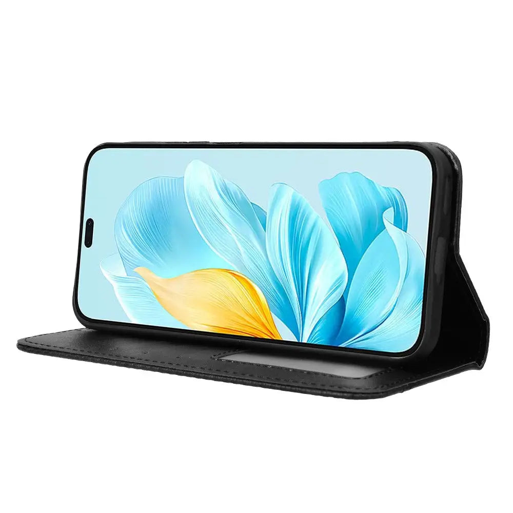 Musta lompakko suojakotelo Honor 200 Lite kukkakuosisella näytöllä