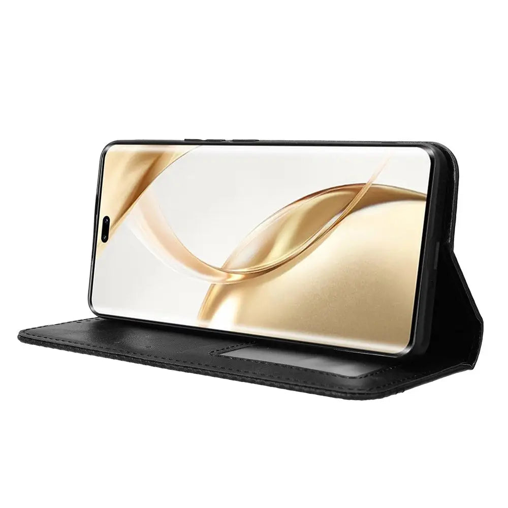 Musta nahkainen pro lompakko suojakotelo kullanvärisillä aalloilla näytöllä