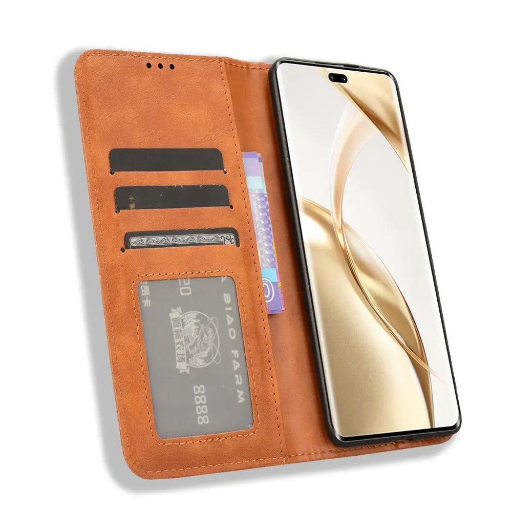 Ruskea magneetilla varustettu pro lompakko suojakotelo älypuhelimelle ja korttipaikoilla