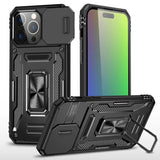 Raskas musta Max Armor suojakuori iPhone 16 Pro Max kickstandilla ja metallisilla yksityiskohdilla
