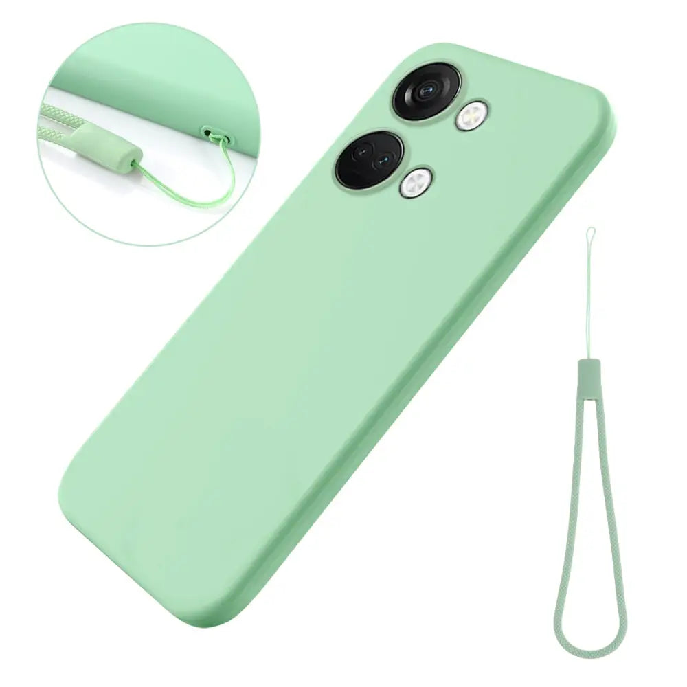 Mint vihreä silikoninen puhelimen kuori OnePlus Nord 3:lle, mukana ranneke ja kaksoiskameraleikkaukset