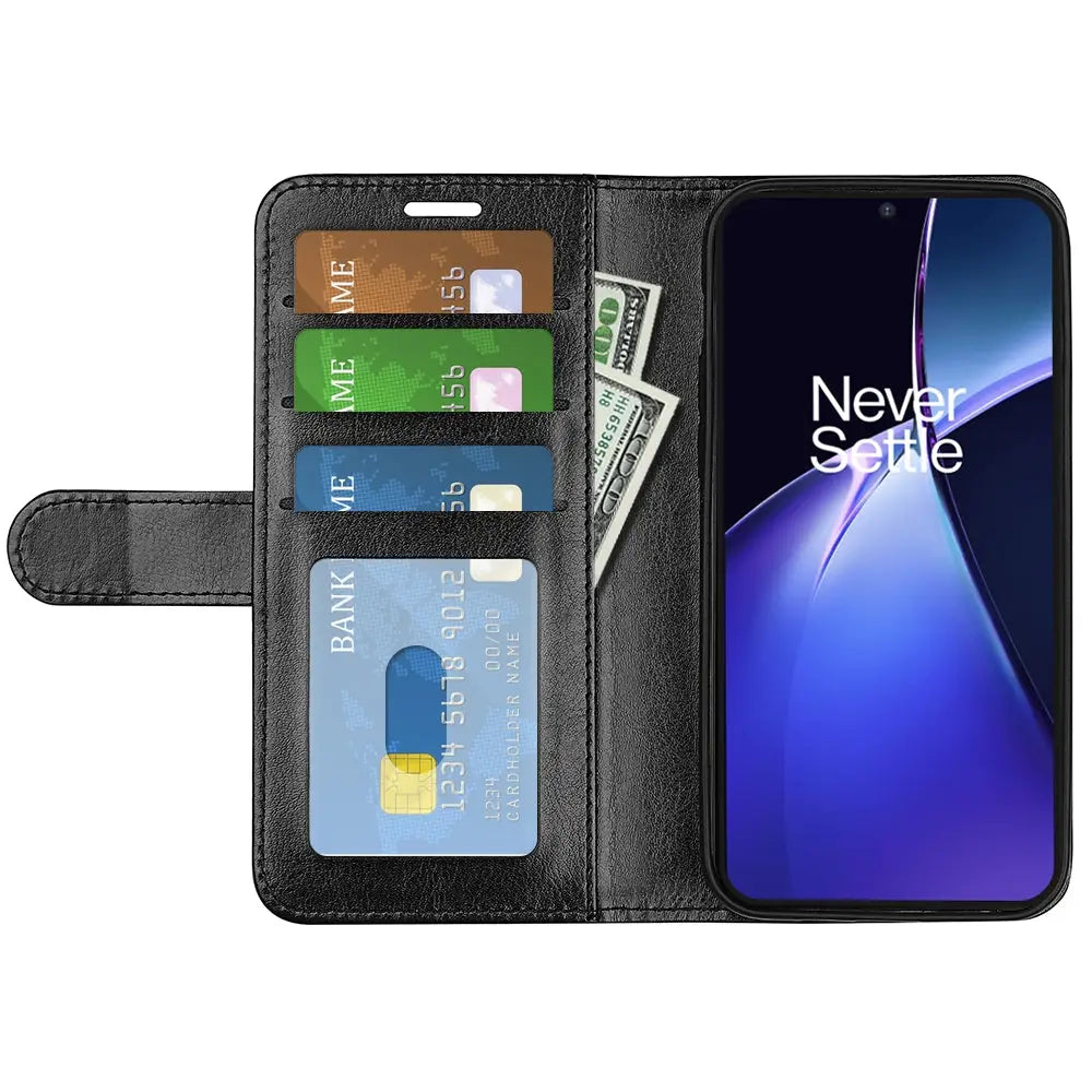 Mustan nahkalompakon suojakotelo OnePlus Nord CE 4 Lite älypuhelimelle