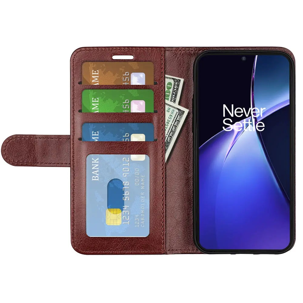 Ruskea lompakko suojakotelo OnePlus Nord CE 4 Lite, korttipaikoilla ja seteliosastolla