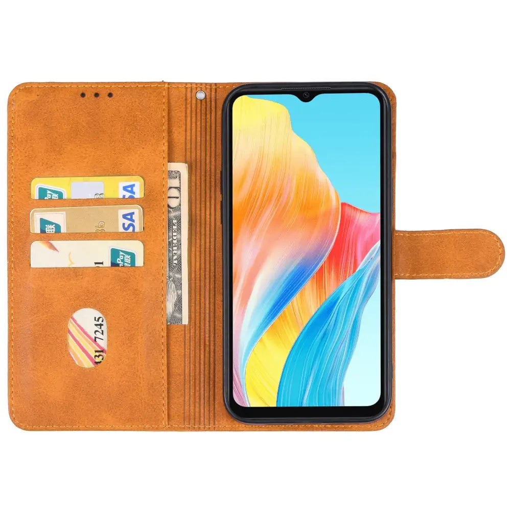 Ruskea läpällinen A38 lompakko suojakotelo Oppo A18:lla, korttipaikoilla ja värikkäällä näytöll