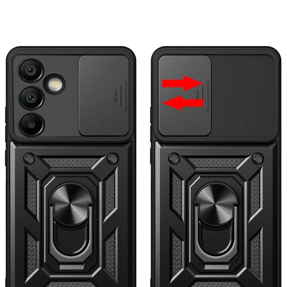 Mustakotelo Samsung Galaxy S24 FE 5G: rengaspidike ja kolmoiskamera-aukot