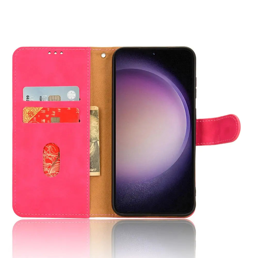 Pinkki lompakko suojakuori Samsung Galaxy S24 FE 5G:llä, korttipaikat ja flip-cover