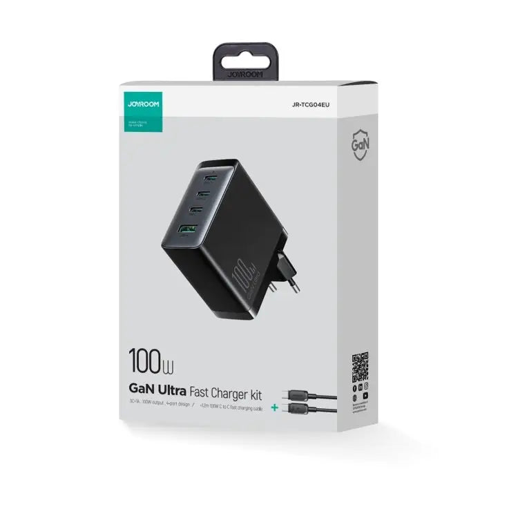 Tietokoneen / Puhelimen laturi 100W 3x USB-C + USB-A + Laturin johto 100W Musta Joyroom